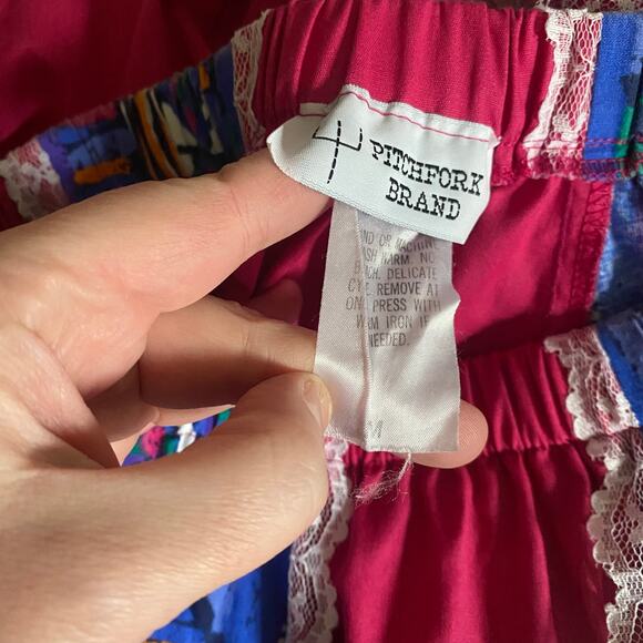 PITCHFORK BRAND Vintage 70's Womens M Prairie Skirt Vibrant Pink Lace Abstract - Picture 5 of 9